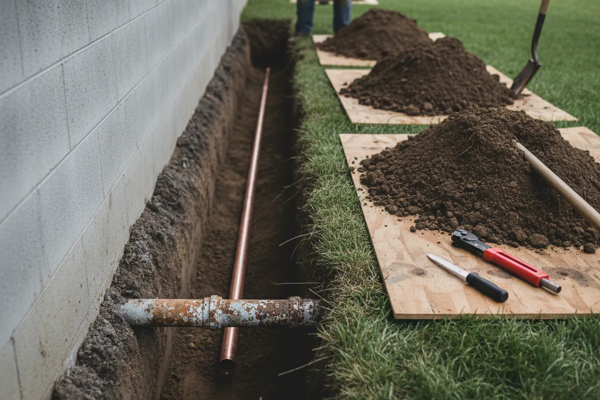 Excavated water line trench during Water Heater Repair in Dobson